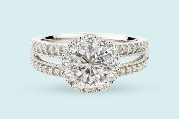 18kt White Gold Round Halo Engagement Ring With Split Shank (Recently Sold)